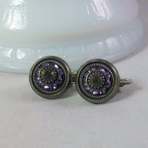 Vintage Purple Amethyst Smoke Gray Glass Stones Button Style Clip On Earrings